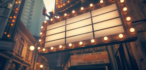 A vintage cinema marquee with blank panels in a retro-style downtown area, the bulbs around the...