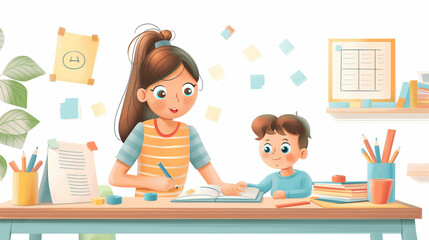  the mother helps her son to do his homework  at the home