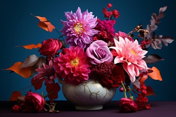 Beautiful bouquet of flowers in a vase on a black background