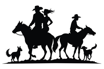 A black vector silhouette of a cowboy and cowgirl riding horses together. There is also a dog