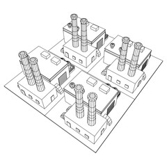 Industrial factory. Plant or Factory Building. Manufacturing building. Wireframe low poly mesh vector illustration.