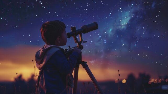 Little boy looks at stars through a telescope. Beautiful starry sky. Child studies astronomy. Silhouette astronomer guy gaze star. Space background. Man explore universe. Cosmic discovery.
