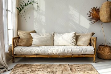 A white room with a wicker couch and a plant.