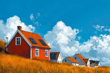 Obraz premium A painting of houses on a hill with clouds.