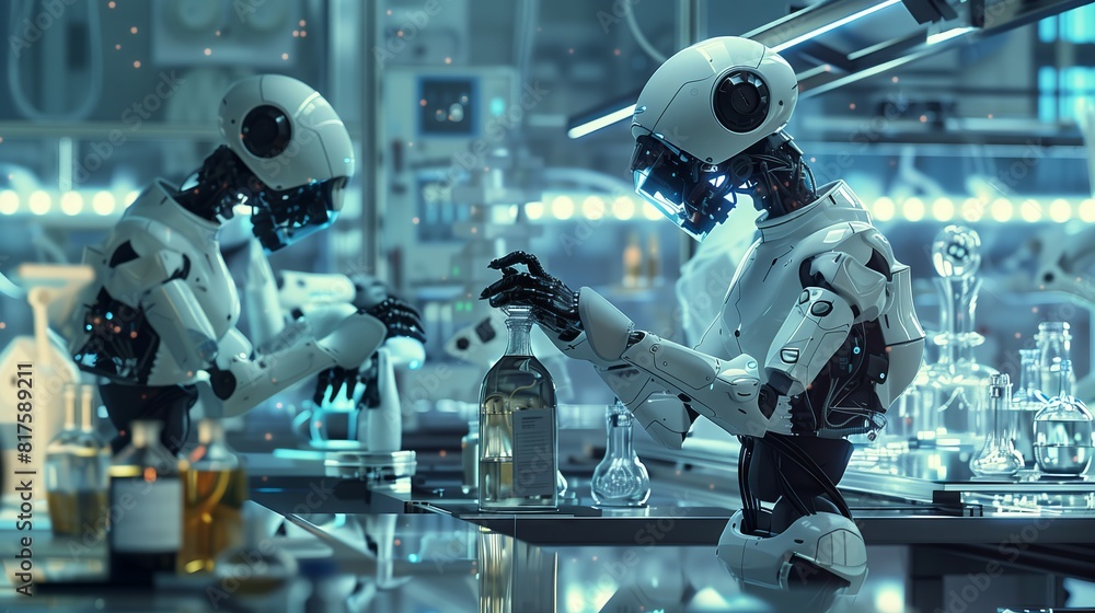 Poster scientists and robots collaborate in a lab to pioneer robotics advancements.