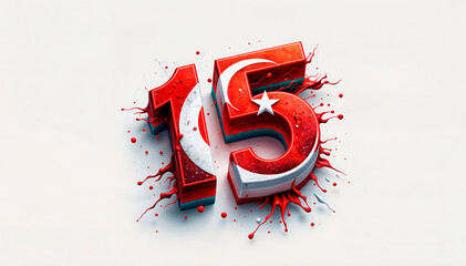 Number “15” with Turkish flag elements, symbolizing Turkey’s Democracy and National Unity Day on July 15. Perfect for commemorating this national holiday and related events. Includes copy space. 