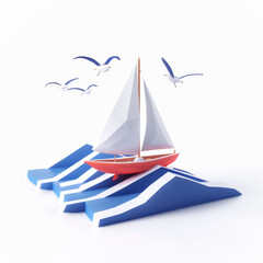 Sailboat on the waves surrounded by seagulls
​​3D icon on white background