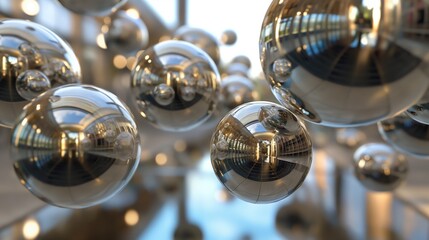 An array of metallic spheres suspended in mid-air, reflecting a distorted and abstracted environment around them. 32k, full ultra HD, high resolution