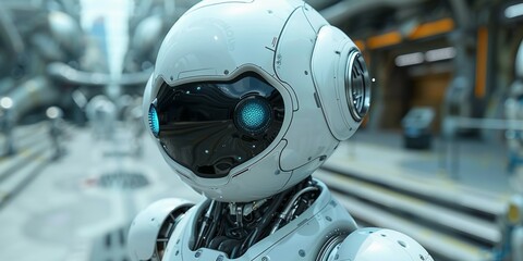Fototapeta premium White Robot With Blue Eyes Standing in City