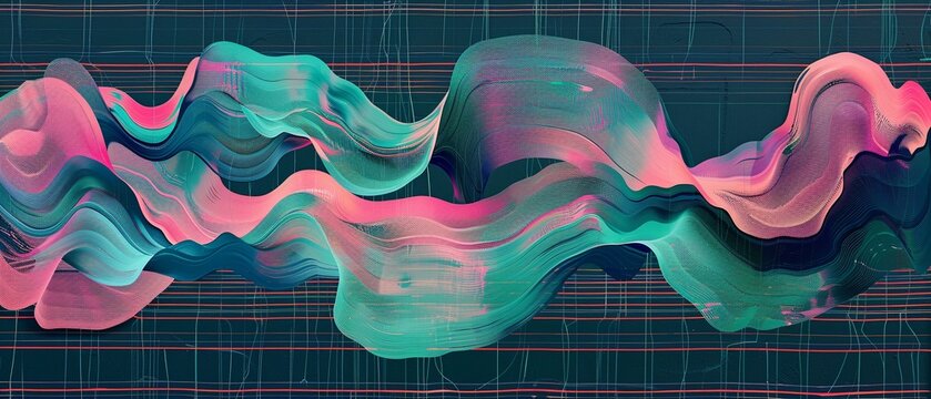 Frequency noise and data charts Horizontal charts of frequency noise and data, with flowing lines and striped backgrounds, emphasizing the interaction of sound waves and digital information