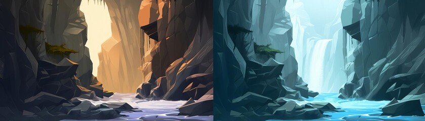 Create a watercolor of a serene river flowing through a canyon with rugged cliffs and sparse vegetation,watercolor painting style  , The images are of high quality and clarity