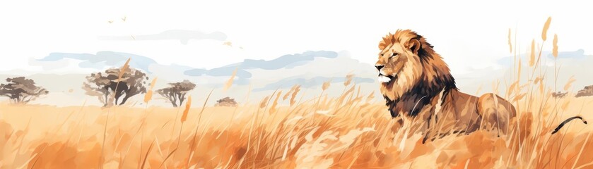 Create a watercolor of a majestic lion resting in the savannah with the golden grass swaying in the wind,watercolor painting style  , The images are of high quality and clarity