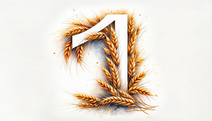 number 1, composed of golden wheat stalks, providing ample copy space for creative or commercial uses. for agriculture, farming, or celebrating significant first milestones in life and business