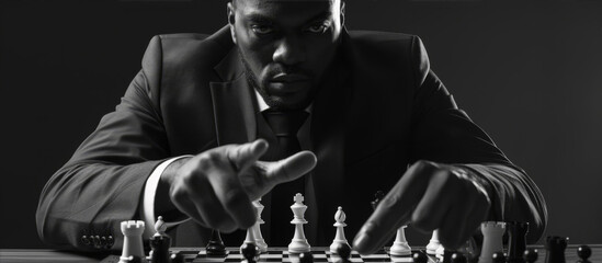 A man in a suit plays chess alone. Black and white photo.
