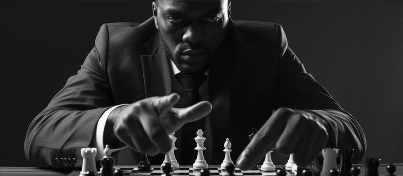 A man in a suit plays chess alone. Black and white photo.
