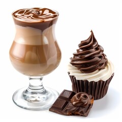  A glass of milkshake, a cup of chocolate, and a single chocolate piece on a pristine white background
