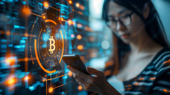 Young Asian business woman using a mobile phone with a digital bitcoin icon and hologram on the screen
