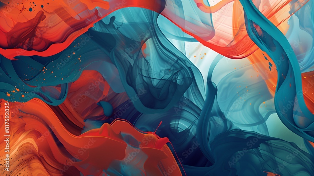 Poster abstract image with swirling shapes in vibrant blue and orange hues, creating a dynamic and energeti
