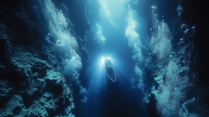 A deepsea exploration submarine caught in the beam of bioluminescent jellyfish as it navigates through an uncharted underwater canyondocumentary and magazine aesthetics style