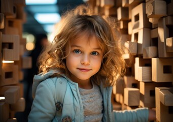 Joyful Little Girl Playing with Wooden Blocks