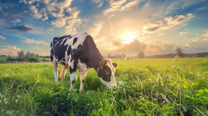 A black-and-white cow grazes in a lush green field under a sunny sky with clouds scattering sunlight