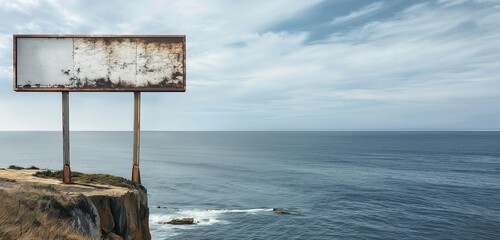 An empty billboard on a cliff overlooking the ocean, its solitary presence a stark contrast to the...