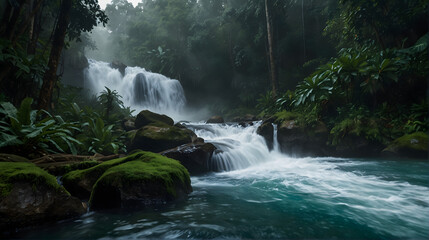 A beautiful waterfall is flowing through a lush green forest