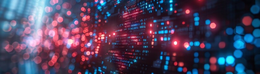 Digital advertisement featuring Vote in 2024 in red and blue LEDs, laid on a dark glass with a dynamic, blurred background of code and data points