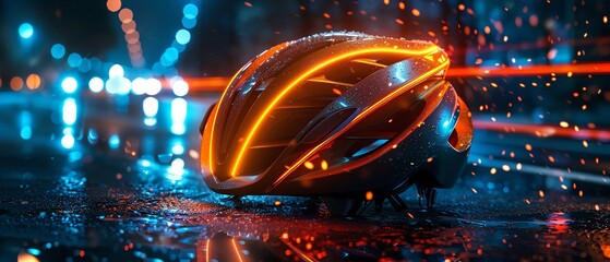 Dynamic cycling helmet with LED lights, accompanied by hightech gloves, in a digital landscape, Neon, Digital, Electric green, Hightech cycling