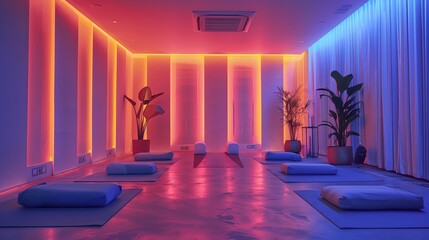 Fitness equipment with digital interfaces, in a serene yoga studio, blending technology and tranquility, Techno, Digital, Calming colors, Balanced fitness