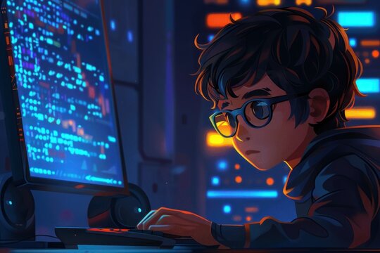 A boy is sitting in front of a computer screen, typing on a keyboard