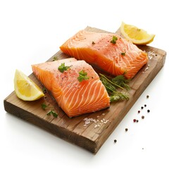  Two salmon fillets, raw, on a cutting board Lemon wedges and pepper to the side