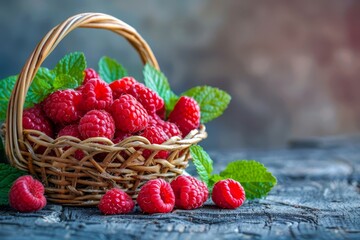 A wicker basket brimming with red raspberries rests beside a verdant, green plant on a blue...