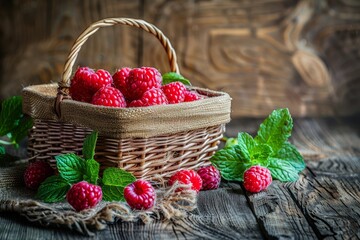  A wicker basket brimming with ripe raspberries sits atop a cloth Nearby, more raspberries with...
