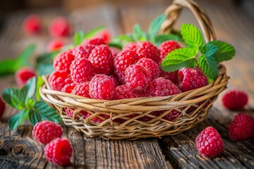  A wicker basket brimming with raspberries atop a weathered wooden table, adjacent to fresh berries