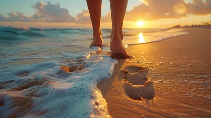 trail of female bare feet leaving a series of footprints in the sand