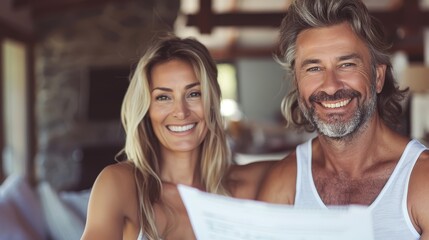  A man and a woman beam, each gripping a paper they face