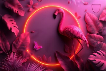 Neon Flamingo Silhouette in a Mystical Forest