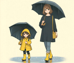 雨傘をさす母と娘
