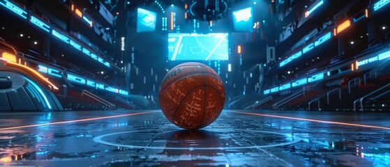 Smart basketball with holographic stats, set in a hightech arena, Futuristic, Digital, Neon highlights, Cuttingedge sports technology