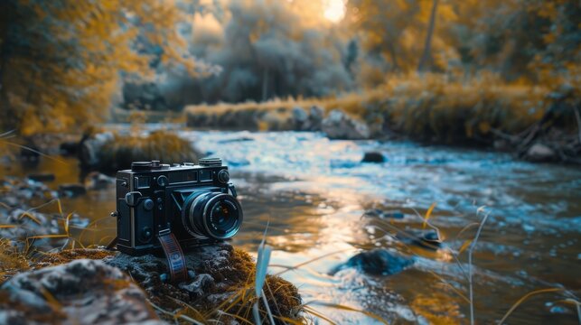 Detailed shot of an old film camera in use, taking a photo by a river, highlighting the charm of vintage photography, studio lighting