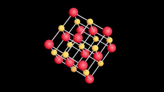 Crystal lattice molecule grid rotates. Sodium chloride rock salt. 4K FullHD and HD render footage animation on black