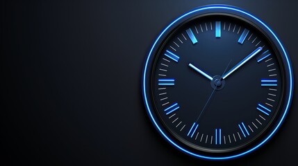  A wall clock with a blue light illuminating its center in this tight shot