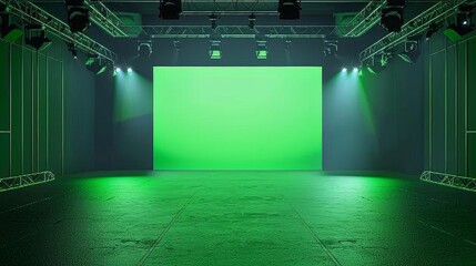 Minimalist music theatre stage with a green screen, spotlighting on the foreground with expansive background space for text