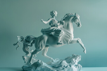 3d rendering of ancient greek -roman statue riding horse . Creative concept colorful neon image with teal- light blue color background, fashionable, trendy ,isolated background