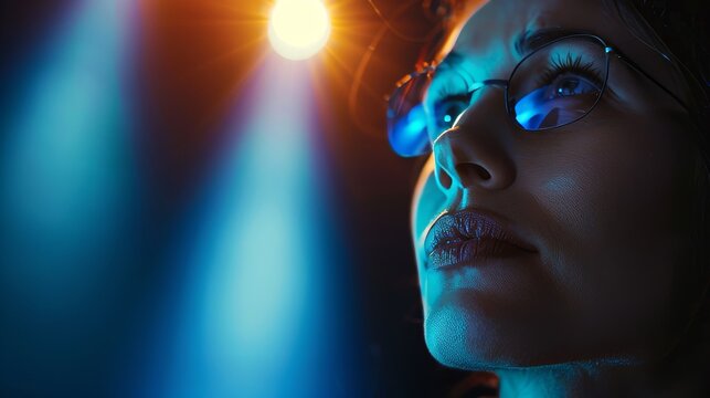 Intimate view of a professional critic analyzing a film, close-up on their concentrated expression in the glow of a cinema screen