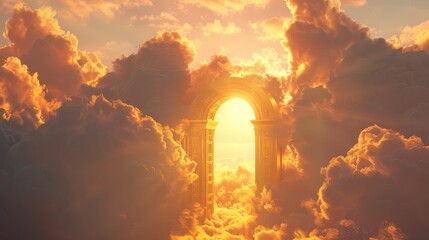 Heavenly scene featuring a close-up of a golden gate, set high amongst fluffy clouds, visualizing the promise of life after