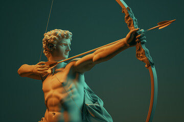 3d rendering of ancient greek -roman statue fighting with Archery . Creative concept colorful neon image with color background, fashionable, trendy ,isolated background