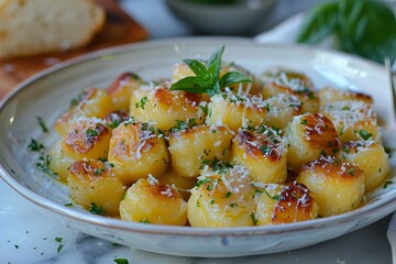 Gnocchi: A plate of potato gnocchi with a creamy sauce or a light tomato sauce, garnished with grated Parmesan and fresh herbs.