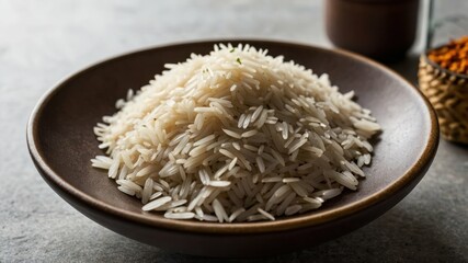 A bowl of aromatic basmati rice with fluffy long grains on a wooden surface